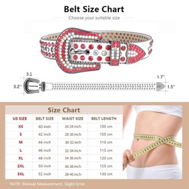 MINGSUN Rhinestone Belt for Men Women, Western Leather Belts Sparkle, Cowgirl Cowboy Shining Diamond Studded Belt for Jeans, Red Multi, fits waist from 32"-34"