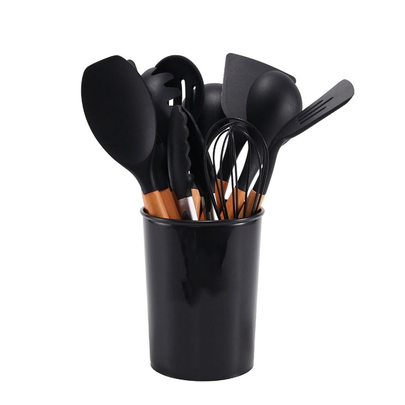 11 Pcs Silicone Kitchenware Set Heat Resistance Wooden Handle Kitchen