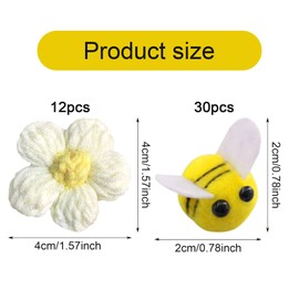 GWAWG Pack of 42 Bee Decoration, 30 Pieces Bees with 12 Yellow Crochet Flowers, Bee Mini Felts, Felt Bees, Adorable Felt Bees, Bee Costume Accessories, for Crafts DIY Decoration, Clothing