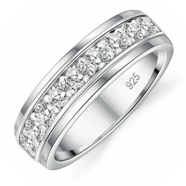 SweetJew Mens Moissanite Wedding Band 925 Sterling Silver Rings For Men 14K White Gold Plated 1ct D Color VVS1 Clarity Brilliant Lab Created Stone 9 Round Cut Engagement Rings For Him Size 12