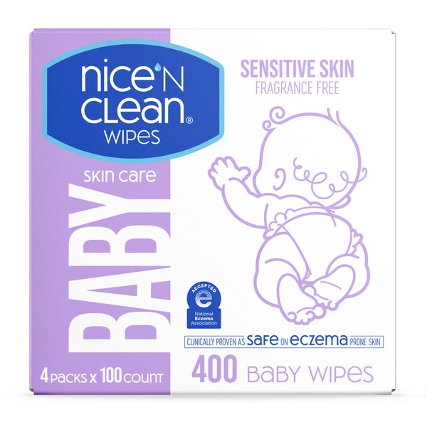 Nice 'n CLEAN Skin Care Baby Wipes Unscented 100ct (4-Pack) | Ideal for Sensitive Skin | Safe on Eczema Prone Skin | 100% Plastic-Free