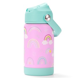 Choco Mocha Rainbow - Botella de agua aislada para niños, botella de agua para niños pequeños, acero inoxidable para preescolar, con pajita, sin BPA, a prueba de fugas, 12 onzas, rosa y verde