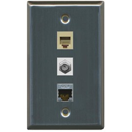 RiteAV - 1 Port Coax Cable TV- F-Type Phone RJ11 RJ12 and Shielded Cat6 Ethernet Wall Plate - Stainless Steel