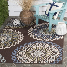 SAFAVIEH Veranda Collection Area Rug - 8' x 10', Chocolate & Blue, Boho Floral Design, Non-Shedding & Easy Care, Indoor/Outdoor & Washable-Ideal for Patio, Backyard, Mudroom (VER092-0625)