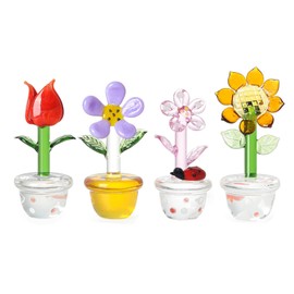 LONGWIN 4pcs Cute Mini Crystal Flower Figurines Hand Blown Glass Spring Bouquet Flower Collectible Figurine Lucky Home Decor Ornaments Gift Idea for Mothers Day, Birthday, Christmas Day