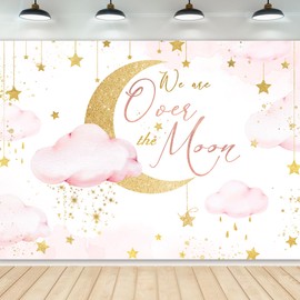 Newsely We are Over The Moon Baby Shower Backdrop 7Wx5H Photography Moon and Stars Starry Night Celestial Background Twinkle Little Star Newborn Party Decorations Banner Photo Booth Props Supplies