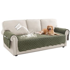 Turquoize Waterproof Couch Covers for Dogs Christmas Sofa Covers Washable Couch Seat Covers with Side Pocket for 3 Cushion Couch Teddy Fleece Dog Couch Cover Furniture Cover (Sofa, Teatree Green)