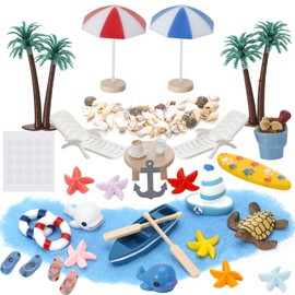 Jostift 32 Pieces Beach Micro Landscape, Mini Lounger Chair, Beach Chair, Parasol, Small Palm Tree Decoration, Summer Garden Decoration, Miniature Ornament Set for DIY Garden Decoration