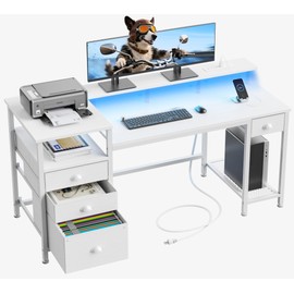 Furologee 60" White Office Computer Desk with 4 Drawers,Gaming Desk with LED Lights and Power Outlets,Long Desk with Fabric File Cabinet,Study Writing Work Table with Shelf for Bedroom Home Office