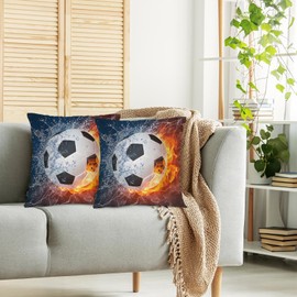 Swono Soccer Decorative Throw Pillow Case 18" X 18", Soft Pillow Covers Sport Football Soccer in Fire and Water Set of 2 Throw Pillowcase Cushion Covers for Couch Chair Bedroom Sofa Car Seats