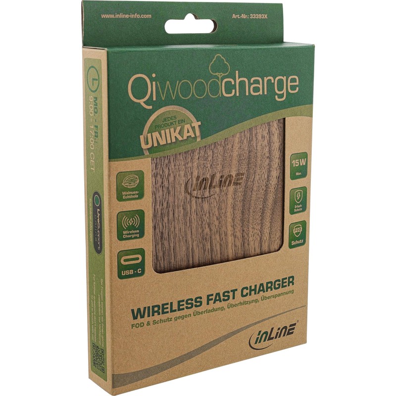 InLine® Qi Woodcharge, Wireless Fast Charger, Smartphone Wireless Charging, 5/7.5/10W/15W,