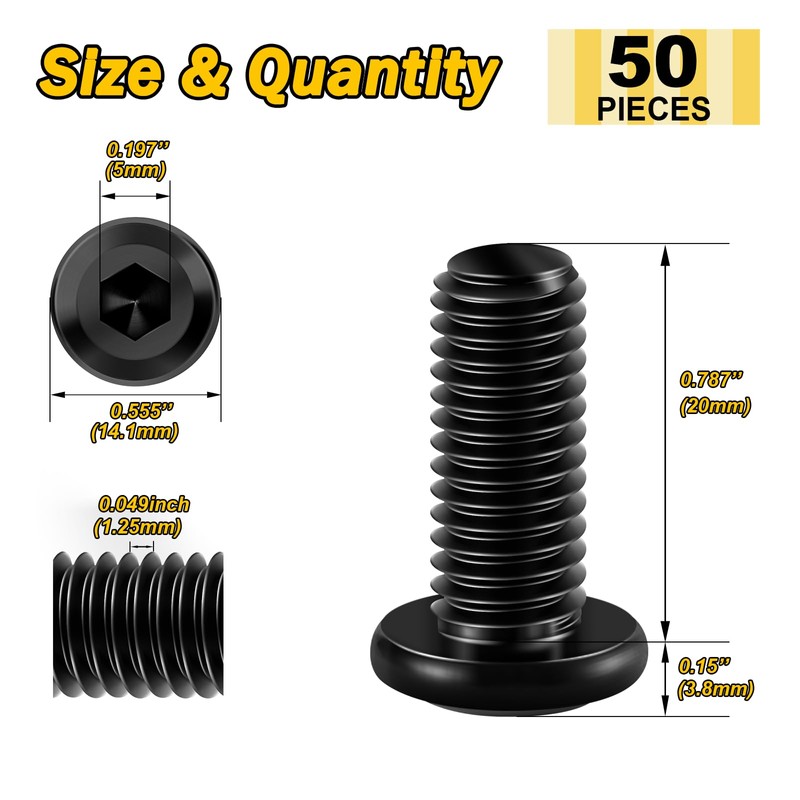 Mywish M8 x 20mm 50Pcs Flat Head Hex Socket Cap
