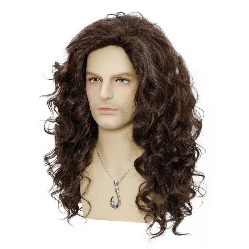 FYXZHUO Mens Long Curly Dark Brown Wig with Necklace for