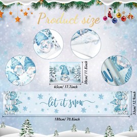 Christmas Table Runner with 6 Matching Place Mats Set, 13 x 72 Inch Let It Snow Table Runner Placemats Blue Gnome Snowflake Table Runner Set for Christmas Winter Table Decorations
