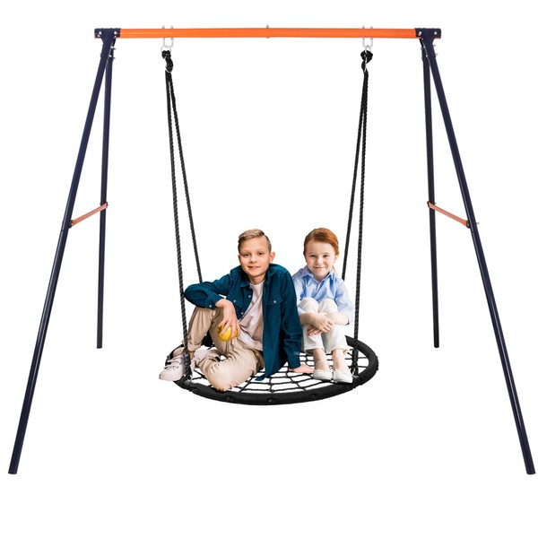 SUPER DEAL Spider Tree Swing Set with Stand, 48" Large Web Swing and Heavy Duty All-Steel A-Frame Swing Frame Combo for Kids Outdoor Backyard Playground