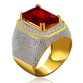 Uloveido Emerald Cut Big Red Cubic Zirconia Rings Wedding Promise Gold Plated Red CZ Anniversary Ring for Men (Size T) RA408