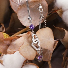 ASH'S CHOICE Women's Bracelet Sterling Silver Bracelet Heart Double Love Zirconia Purple Adjustable Bracelet Mother's Day Birthday Christmas Bijoux for Women Girlfriend Mum