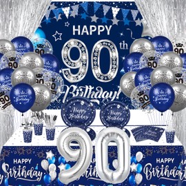 90th Birthday Decorations for Men and Women, 131 PCS Navy Blue Silver 90th Birthday Party Supplies Includes Blue Happy 90th Birthday Banner Balloons Napkins Cups Tablecloth Plates Foil Backdrops for