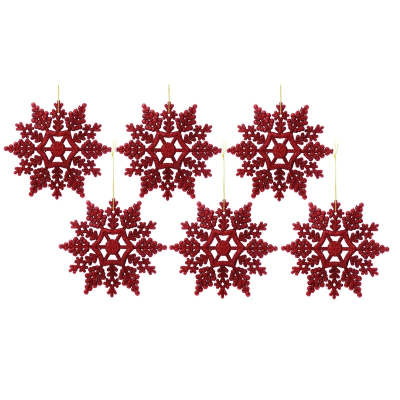 12pk Glitter Snowflake Hanging Decorations, Christmas Tree Snowflake Baubles/Ornaments (Red)