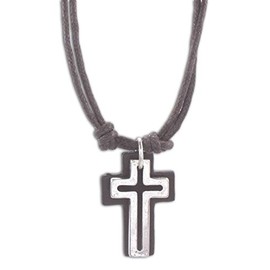 Cruz Accessories Open Cross with Leather Back on Double 16" Cord Vintage Look Necklace (Brown)