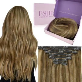 Fshine Extensiones Clip 35 cm 120 g 7 pcs Cabello Humano Marrón Medio con Rubio Caramelo Mechas Color 4P27