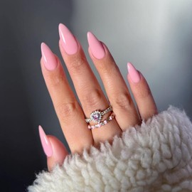 SXVME 48 Pcs Baby Pink Press on Nails Almond Medium Acrylic False Nails Medium Stiletto Natural Fake Nail Set Elegant Solid Color Full Cover Glossy Gel Stick on Nails for Women Daily Wear