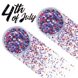 Red White Blue Mixed Holographic Chunky Glitter with Gel, 20g (2 Jars x 10g) Crafts Glitter Powder, USA Patriotic Flakes Iridescent Nail Sequins Face Eye Glitter Tumblers, 4th of July Decorations
