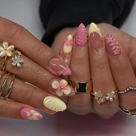 Short Press on Nails Almond Fake Nails French False Nails Cute Artificial Nails with Pink Flowers Designs Acrylic Nail Press ons Summer Stick on Nails for Women 24pcs