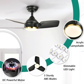 YITAHOME 26 Inch Black Ceiling Fans with Lights and Remote, Modern Gold Indoor Outdoor Ceiling Fan with Dimmable Reversible DC Quiet Motor, Memory Function, for Patio, Farmhouse, Bedroom