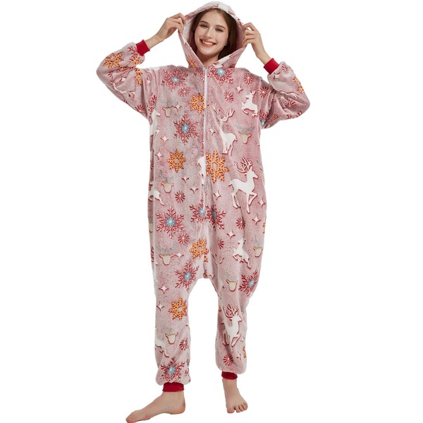 Christmas Women's Snug Fit Zip Up One-piece Pajamas, Glow In
