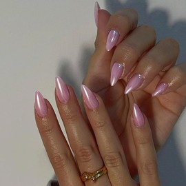 Chrome Glazed Donut Press-On Nails - Pink Medium Short Almond Shaped Glossy Shiny Acrylic Reusable Fake Nails for Women, Glue-On Short Length Stiletto False Nails