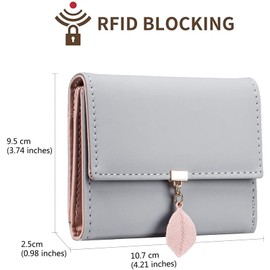 PU Leather Wallet for Women RFID-Blocking, Ladies Bifold Leaf Pendant Coin Zipper Small Purse with 5 Card Slots and 1 ID Window Card Holder Organizer
