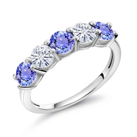 Gem Stone King 925 Sterling Silver Blue Tanzanite and White Moissanite Wedding Band Ring For Women (0.86 Cttw, Round 3.5MM, Gemstone December Birthstone, Available In Size 5, 6, 7, 8, 9)