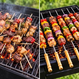 Reusable BBQ skewers for holding meat, vegetables, and other ingredients while grilling kabobs.