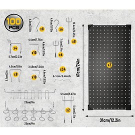 100PCS Metal Pegboard Wall Organizer, 30×60cm Pegboard Panels Tool Organizer Kit, Peg Board Utility Tool Storage for Garage Workbench Shed