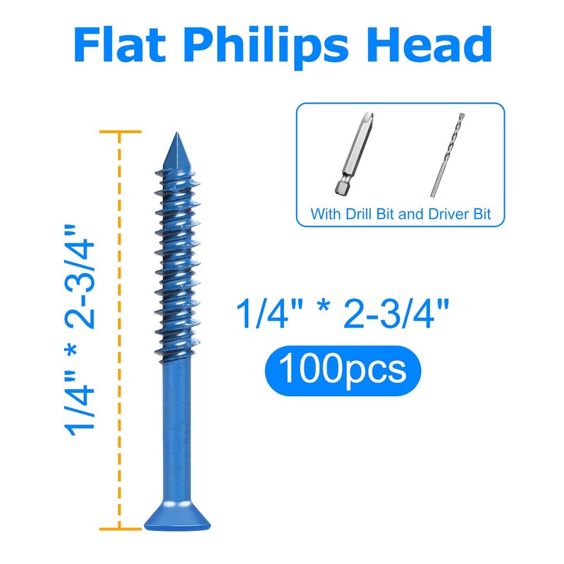 100PCS Concrete Screws Assortment Kit, 1/4" x 2-3/4" Masonry Screws
