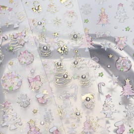 3 Sheets Christmas Nail Art Stickers Self-Adhesive Xmas Tree Snowflake Candy Cane Designs Decals Christmas Cartoon Embossed Nail Decorations Winter Nail Decals DIY Supplies for Women Nails Art