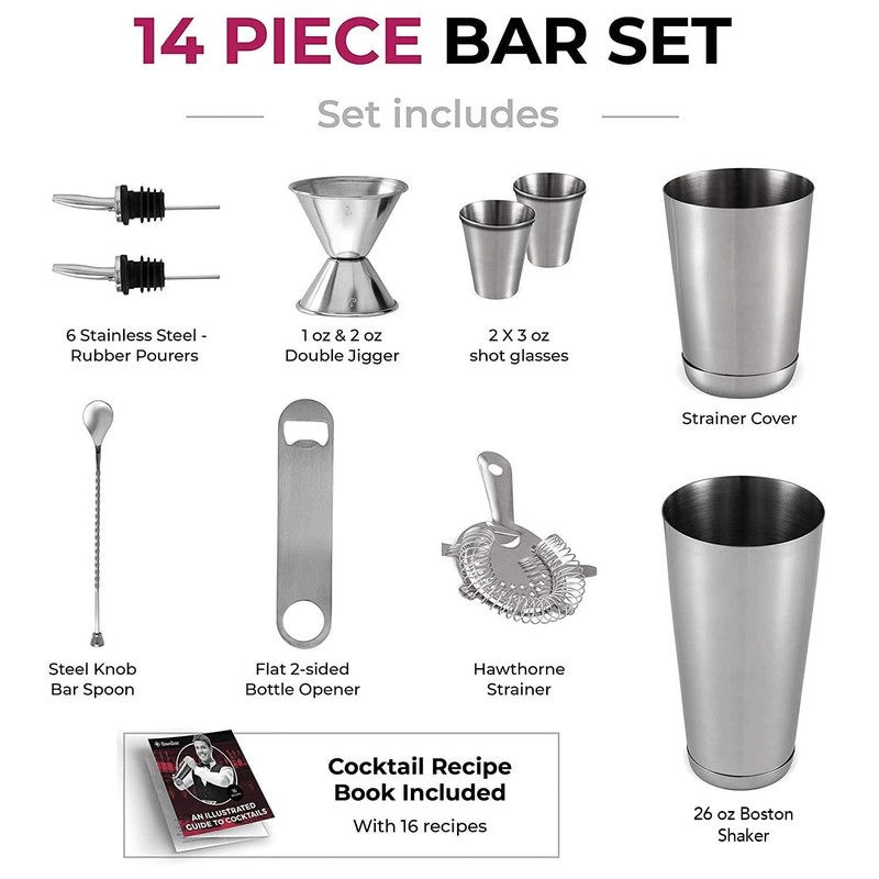 Expert Cocktail Shaker Home Bar Set - 14 Piece Stainless