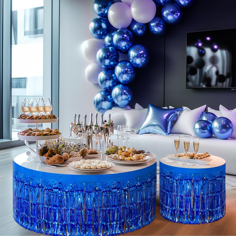 2 Pack Light Blue Table Skirts, 29x108" Metallic Foil Tinsel