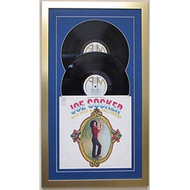 Record Album Double Vinyl LP Frame Display Featuring Dark Blue Matting Juke Box Style Design (Gold Frame)
