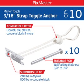 3/16" FixMaster Heavy Duty Master Toggle Bolt Anchor (10 Pack) Zinc Plated w/Screws - 3/16"-24 UNC Zinc-Plated Anchor for Hollow Wall, Plaster & Tile