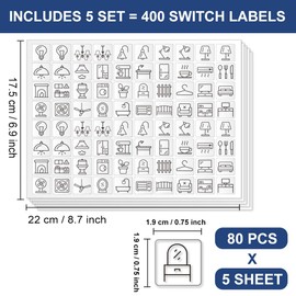 GOMAKERER 400 Pcs Light Switch Sticker Labels, 34 Designs Transparent Switch ID Stickers Black Switchboard Label Decals for Home, Kitchen, Bathroom, Office School, 19x19mm