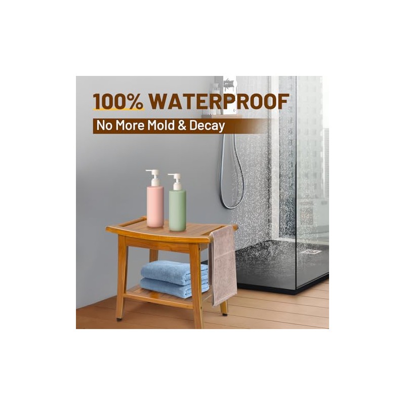 20" Premium Teak Shower Bench with Shelf & Handle, Solid