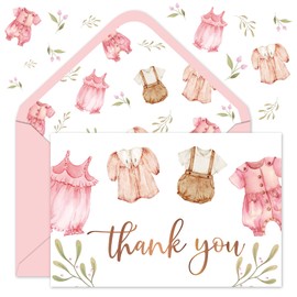 JarThenaAMCS 24 Pack Baby Shower Thank You Cards with Envelope Sticker Pink Baby Clothes Greeting Card Cute Blank Note Card for Girl Birthday Baby Shower