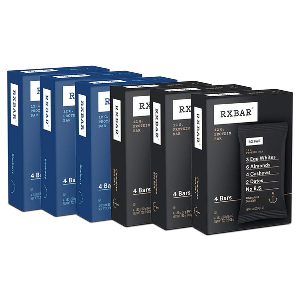RXBAR, Chocolate Sea Salt & Blueberry Variety Pack, Protein Bar, High Protein Snack, 4 Bars Each 1.83 Ounce, Pack of 6, Gluten Free, Chocolate Sea Salt & Blueberry 24ct, 24 Count