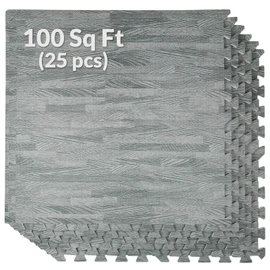 Home Aesthetics 100 Sq. Ft 3/8 Inch Thick Printed Foam Tiles Interlocking Foam Mat, Sea Haze Grey Wood Grain Style Print, (24"x24", 25 pcs), Protective Flooring for Home, Gym Exercise or Trade Show