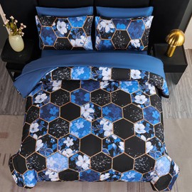 ANGIYUIN 7Pcs Blue Marble King Comforter Sets Floral Bedding Sets Gold Honeycomb Bed in A Bag with Sheets Soft Microfiber Bed Sets for Women Men