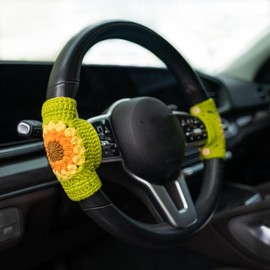 INEBIZ Crochet Steering Wheel Cover Boho Sunflower Granny Squares Pattern Green Car Decor Cute Accessories for Women