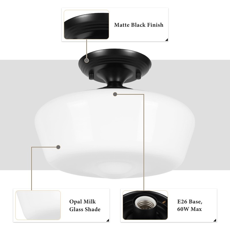 Schoolhouse Style Semi Flush Mount Ceiling Light with Dimmable Bulb