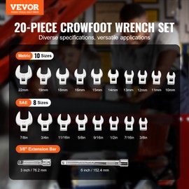 VEVOR Crowfoot Wrench Set, 3/8" Drive 20-Piece Crows Foot Wrench Set with 2 Extension Bars and EVA Tool Organizer,40CR Material with Mirror Chrome Finish, SAE 3/8"-7/8" and Metric 10-22 mm